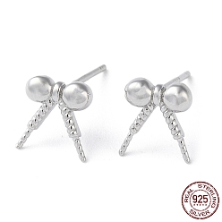Real Platinum Plated Rhodium Plated 925 Sterling Silver Stud Earring Findings, Bowknot, for Half Drilled Beads, with S925 Stamp, Real Platinum Plated, 8.5x7.5mm, Pin: 11x0.9mm and 0.7mm