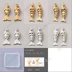 Platine & Or 6 pcs 6 styles pendentifs en laiton micro pavé de zircone cubique, charmes de poissons, platine et d'or, 22~39x9~10x5~7mm, Trou: 1~3.5x1.5~2.5mm, 1 pc / style