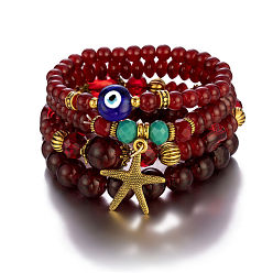 Red B0036-8 Bracelet multicouche de style bohème avec breloques en métal étoile de mer et mauvais œil