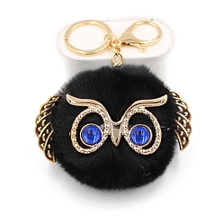 Black Cute Pompom Fluffy Owl Pendant Keychain, with Alloy Findings, for Woman Handbag Car Key Backpack Pendants, Black, 12x9cm