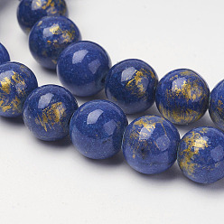 Medium Blue Natural Mashan Jade Beads Strands, with Gold Powder, Dyed, Round, Medium Blue, 6mm, Hole: 1mm, about 62pcs/strand, 16 inch