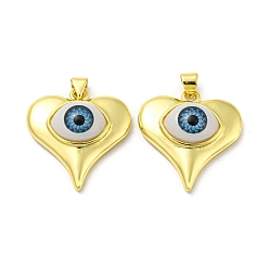 Sky Blue Real 18K Gold Plated Brass Pendants, with Acrylic, Heart with Evil Eye Charms, Sky Blue, 26.5x25x8mm, Hole: 5x3.5mm