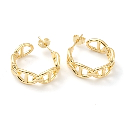 Real 18K Gold Plated Brass Stud Earrings, Half Hoop Earrings, with Ear Nuts, Mariner Link Chain Shape, Real 18K Gold Plated, 20x7mm, Pin: 0.8mm