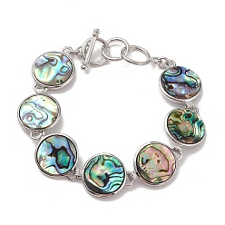 Flat Round Natural Abalone Shell/Paua Shell Link Chain Bracelets, Platinum Brass Jewelry for Women, Cadmium Free & Lead Free, Flat Round, 7-3/8 inch(18.7cm)