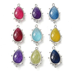 Jade Dyed Natural Jade Connector Charms, with Platinum Plated Brass Edge Loops, Faceted, Teardrop, 24x14.5x5mm, Hole: 1.2mm & 1.4mm