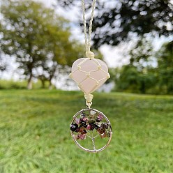 Tourmaline Heart Rose Quartz Cord Braided Pendant Decorations, with Tourmaline Chip Rings, Car Hanging Ornaments, 130x30mm