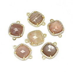 Sunstone Natural Sunstone Links connectors, with Golden Tone Brass Findings and Cubic Zirconia, Faceted, Square, Clear, 18.5~19x13.5x4.5mm, Hole: 1.6mm