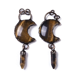 Tiger Eye Natural Tiger Eye Crescent Moon Big Pendants, Faceted Bullet Gems Charms with Red Copper Plated Brass Findings, 95x32x9mm, Hole: 6mm