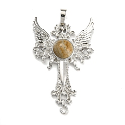 Picture Jasper Natural Picture Jasper Big Pendants, Cross with Wing Charms, with Platinum Plated Brass Findings, 52.5x32x7~7.5mm, Hole: 4x8mm & 2mm