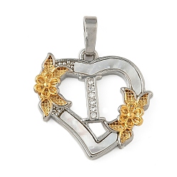 Letter I Латунь микропаве фианиты с подвесками-ракушками, Сердце и письмо, долговечный, без свинца и без кадмия, стойки покрытие, Буква "i", 20x20.5x3 мм, отверстие : 3.5x5 мм