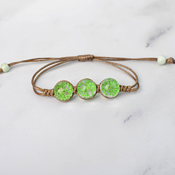 Lime Triple Round Glass Braided Bead Bracelet, Pressed Flower Adjustable Bracelet for Women, Lime, Beads: 12mm