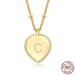 Letter C 925 Sterling Silver Satellite Chains Pendant Necklaces, Heart, Golden, Letter C, 15.75 inch(40cm)
