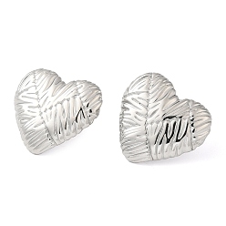 Stainless Steel Color 304 Stainless Steel Stud Earrings, Heart, Stainless Steel Color, 24x26mm