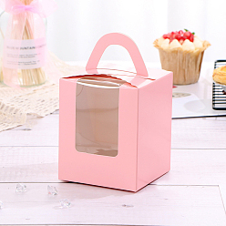 Pink Foldable Individual Kraft Paper Cake Box, Bakery Single Cupcake Packing Box, Rectangle with Clear Window and Handle, Pink, 91x92x110mm