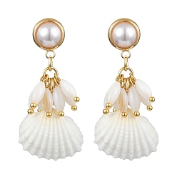 Golden Alloy Dangle Stud Earrings, Natural Shell & Pearl Cluster Earrings, Golden, 40~44x20~21mm