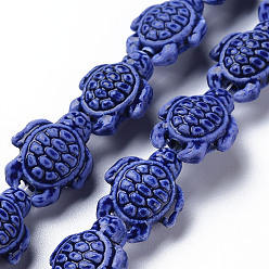Bleu Foncé Brins de perles en céramique de porcelaine faites à la main, famille rose de style, tortue, bleu foncé, 19.5x15x8mm, Trou: 1.8mm, Environ 17~18 pcs/chapelet, 11.42~12.24 pouce (29~31.1 cm)