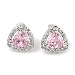 Pink Треугольные серьги-гвоздики с паве из кубического циркония из латуни для женщин, платина, розовые, 14x14 мм