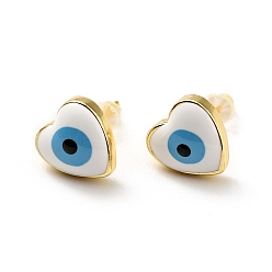 White Heart with Evil Eye Enamel Stud Earrings, Gold Plated Brass Jewelry for Women, Cadmium Free & Lead Free, White, 9.5x9.5mm, Pin: 0.8mm