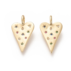 Colorful Brass Micro Pave Cubic Zirconia Pendants, Cadmium Free & Lead Free, Long-Lasting Plated, Heart, Colorful, Real 18K Gold Plated, 23.5x13x1.5mm, Hole: 4x2.5mm