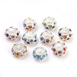 Mixed Color Alloy European Beads, with Rhinestone Beads, Rondelle, Silver Metal Color, Mixed Color, 11x5.5mm, Hole: 5mm