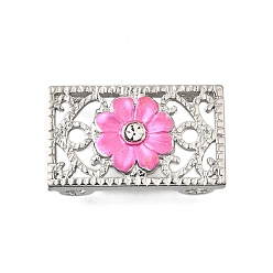 Ярко-Розовый Латунный хрустальный стразы прямоугольник с цветочными многорядными звеньями, Эмаль стиле, без кадмия и без свинца, стойки покрытие, платина, ярко-розовый, 13x22x6 мм, отверстие : 2 мм