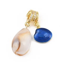 Dark Blue Brass Micro Pave Clear Cubic Zirconia Pendants, with Enamel & Resin, Shell Shape Charms, Rack Plating, Long-Lasting Plated, Lead Free & Cadmium Free, Real 18K Gold Plated, Dark Blue, 35mm, Hole: 3mm
