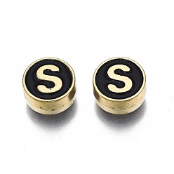 Letter S Alloy Enamel Beads, Cadmium Free & Lead Free, Light Gold, Flat Round with Alphabet, Black, Letter.S, 8x4mm, Hole: 1.5mm