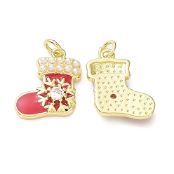 Real 18K Gold Plated Brass & Cubic Zirconia & Plastic Imitation Pearl Pendants, Cadmium Free & Lead Free, Rack Plating, Christmas Theme, Christmas Socking with Snowflake Pattern, Real 18K Gold Plated, 18x14x3mm, Hole: 3mm