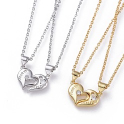 Golden & Stainless Steel Color Valentine's Day Jewelry, 304 Stainless Steel Pendant Couple Necklaces Sets, with Cubic Zirconia, Cable Chains and Lobster Claw Clasps, Split Heart, Clear, Golden & Stainless Steel Color, 17.5 inch(44.5cm), 2mm, 2pcs/set