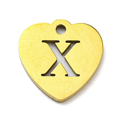 Letter X Ion Plating(IP) 304 Stainless Steel Pendant, Golden, Heart with Letter, Letter X, 12x12x1mm, Hole: 1.4mm