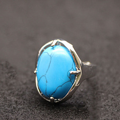 Synthetic Turquoise Oval Synthetic Turquoise Adjustable Ring, Platinum Alloy Jewelry for Women, Inner Diameter: 18mm