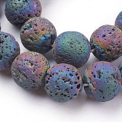 Multi-color Plated Vacuum Plating Electroplated Natural Lava Rock Bead Strands, Round, Multi-color Plated, 12mm, Hole: 1.5mm, about 33pcs/strand, 15.35 inch(39cm)
