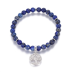 Lapis Lazuli Natural Lapis Lazuli Charm Bracelets, with Brass Findings, Flat Round with Tree of Life, 2-1/8 inch(5.5cm)~2-1/4 inch(5.6cm), beads: 6~6.5mm, Pendant: 18x15~15.5x2mm