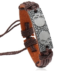 Coconut Brown Alloy Skull Link Bracelet, Imitation Leather Adjustable Bracelet with Jute Cords, Coconut Brown, Inner Diameter: 2-1/8~3 inch(5.5~7.5cm)