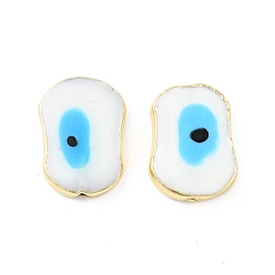 White Rack Plating Handmade Evil Eye Lampwork Beads, with Brass Findings, Long-Lasting Plated, Oval, White, 25x18x5.5~6mm, Hole: 1.8mm