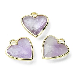 Amethyst Natural Amethyst Pendants, Faceted Heart Charms, with Rack Plating Light Gold Plated Brass Edge, 23x20x7mm, Hole: 4x4mm