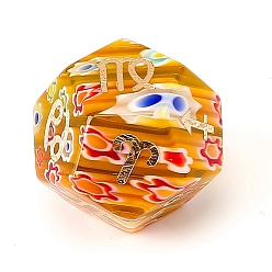 Orange Handmade Millefiori Glass Classical 12-Sided Polyhedral Dice, Engrave Twelve Constellations Divination Game Toy, Orange, 20x20mm