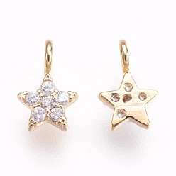 Real 18K Gold Plated Brass Micro Pave Cubic Zirconia Charms, Nickel Free, Star, Clear, Real 18K Gold Plated, 8x5x1.5mm, Hole: 1.8mm