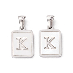 Letter K 304 Stainless Steel Pave Shell Pendants, Rectangle Charm, Stainless Steel Color, Letter K, 17.5x12x1.5mm, Hole: 3x5mm