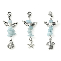 Aquamarine Natural Aquamarine Chip Pendant Decorations, with Lobster Claw Clasps and Tibetan Style Zinc Alloy Charms, Shell/Starfish/Turtle
, 55~58mm