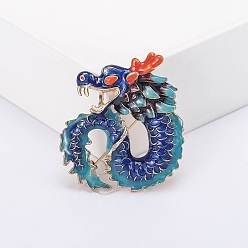 Royal Blue Alloy Brooches, Enamel Pin, Jewely for Unisex, Antique Golden, Dragon, Royal Blue, 42x37mm