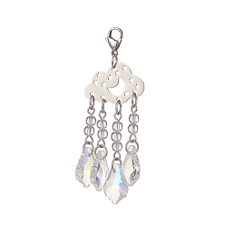 Stainless Steel Color 201 Stainless Steel Big Pendant Decorations, with 304 Stainless Steel Lobster Claw Clasps, Quartz Crystal Beads and Glass Pendants, Cloud, Stainless Steel Color, 70x24.8mm