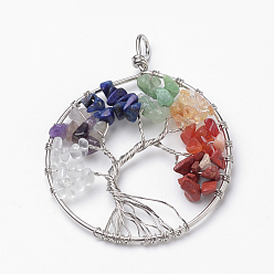 Mixed Stone Natural Mixed Stone Big Pendants, with Brass Findings, Flat Round with Tree of Life, Platinum, 64x50~52x7mm, Hole: 5x4mm