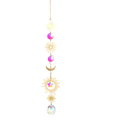 Deep Pink Quartz Crystal Big Pendant Decorations, Hanging Sun Catchers, Sun & Star & Moon, Deep Pink, 465x45mm