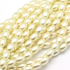 Light Goldenrod Yellow Eco-Friendly Spray Painted Glass Rice Bead Strands, with Cotton Thread, Light Goldenrod Yellow, 7x5mm, Hole: 1mm, about 57pcs/strand, 16 inch