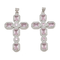 Pink Brass Micro Pave Cubic Zirconia Pendants, Octagon Shaped Cross Charms, Cadmium Free & Lead Free, Platinum, Pink, 45.5x26x4.5mm, Hole: 5mm
