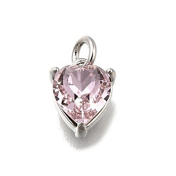 Pink Сердце из латуни со стеклянными подвесками, одиночные каменные прелести, без кадмия и без свинца, долговечный, стойки покрытие, платина, розовые, 9x7x4.5 мм, отверстие : 2 мм