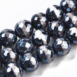 Prussian Blue Tibetan Style dZi Beads, Natural Agate Beads Strands,  Dyed & Heated, Pearlized, Round, Faceted, Prussian Blue, 10mm, Hole: 1mm, about 37~38pcs/strand, 14.57 inch(37cm)