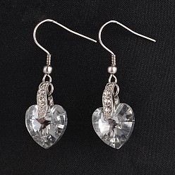 Clear Heart 304 Stainless Steel Glass Dangle Earrings, with Brass Rhinestone Findings, Clear, 40mm, Pin: 0.8mm