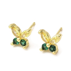 Green Butterfly Real 18K Gold Plated Brass Stud Earrings, with Clear Cubic Zirconia, Long-Lasting Plated, Lead Free & Cadmium Free, Green, 7.5x8.5mm